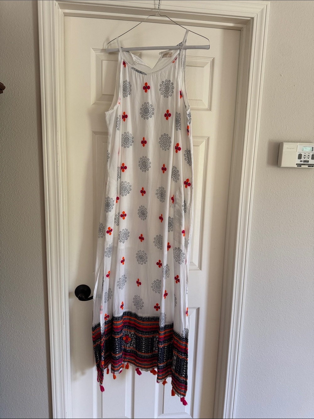 White Maxi Sundress with Red & Navy Embroidered Border